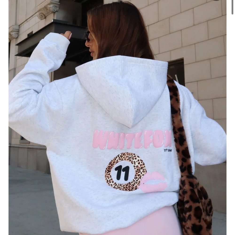 White Fox Gray Hoodie with Pink Accents